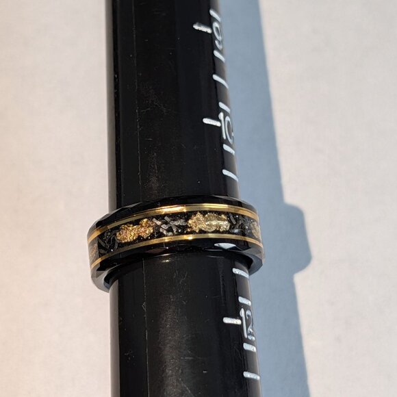 Black Tungsten Ring with Gold Leaf Meteorite Inlay Size 11 - Picture 8 of 10